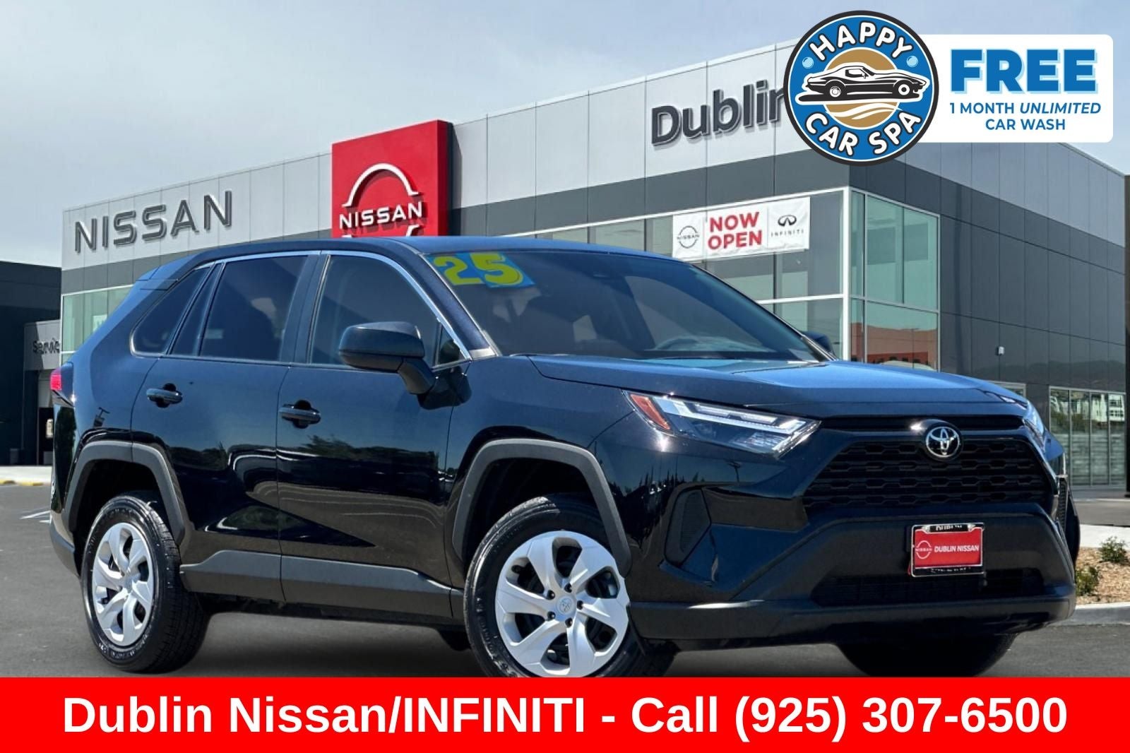 2025 Toyota RAV4 LE in Midnight Black Metallic — front three-quarter view