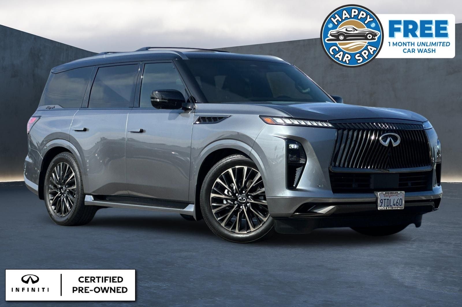 2025 INFINITI QX80 AUTOGRAPH in Dynamic Metal/Black Obsidian — front three-quarter view